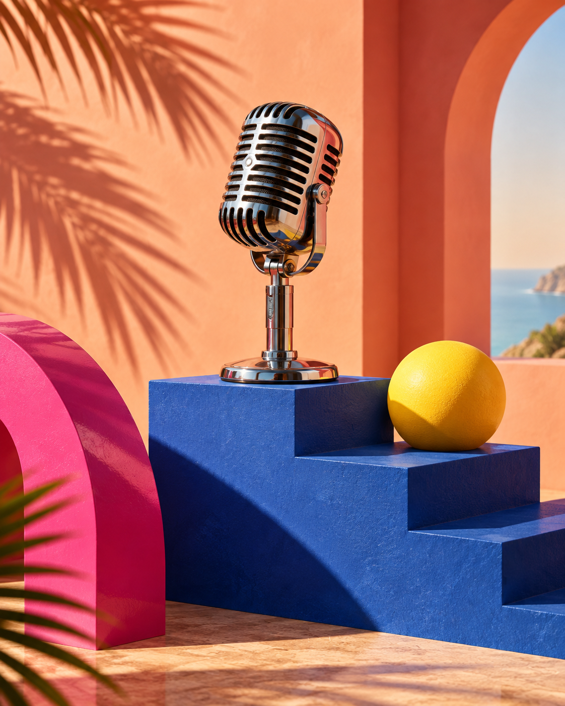 Microphone rétro chromé dans un décor solaire rose, jaune et bleu